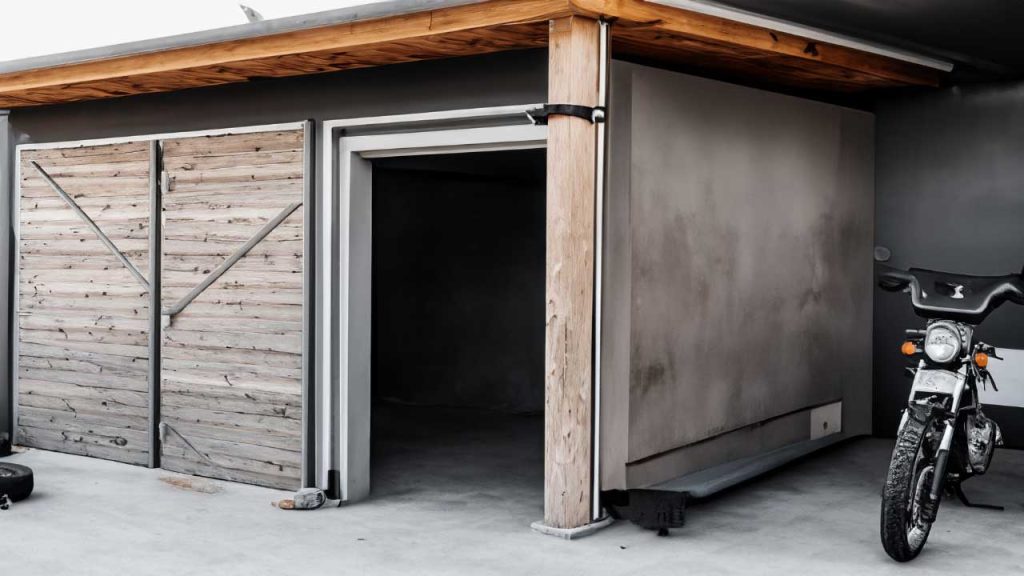 garasi motor minimalis dengan pintu kayu
