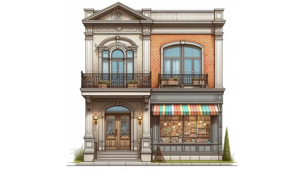 rumah dengan balkon dan toko