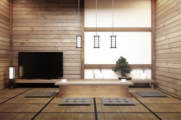 Ruang tv sederhana tanpa sofa ala Jepang. 