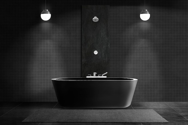 Warna gelap untuk kamar mandi bathtub minimalis. 