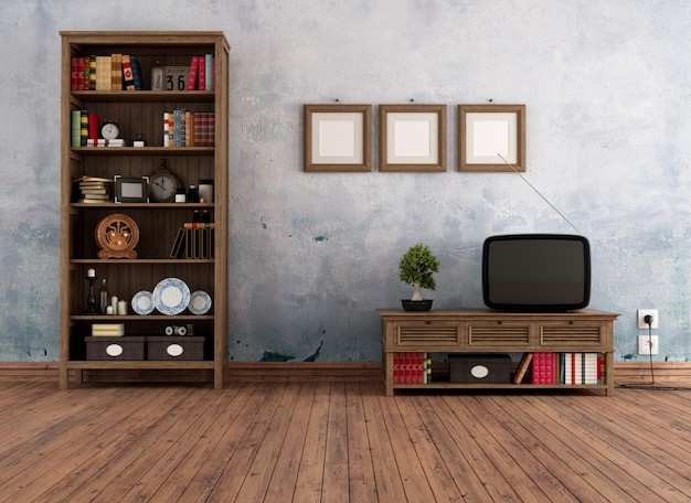 Ruang tv sederhana tanpa sofa dekorasi vintage. 