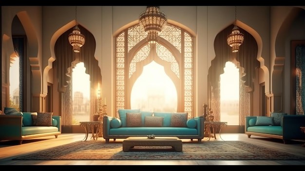 Ilustrasi ruang tamu Timur Tengah.