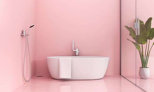 Keramik lantai kamar mandi warna pink dengan shower. 