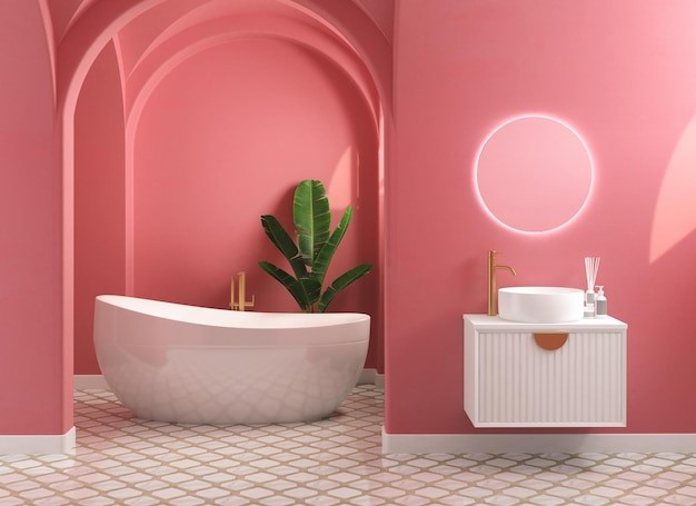 Keramik lantai kamar mandi warna pink yang modern. 