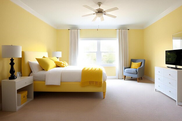 Kamar warna kuning pastel dengan furnitur putih. 