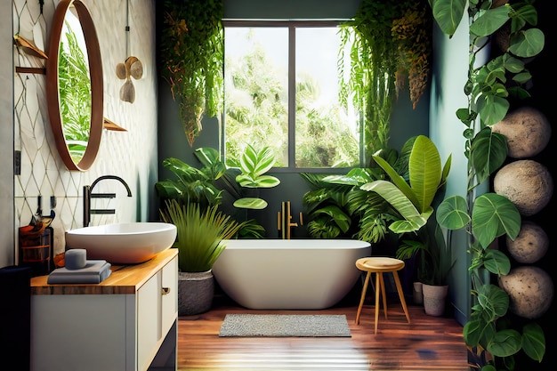 Model jendela kamar mandi nuansa tropis. 